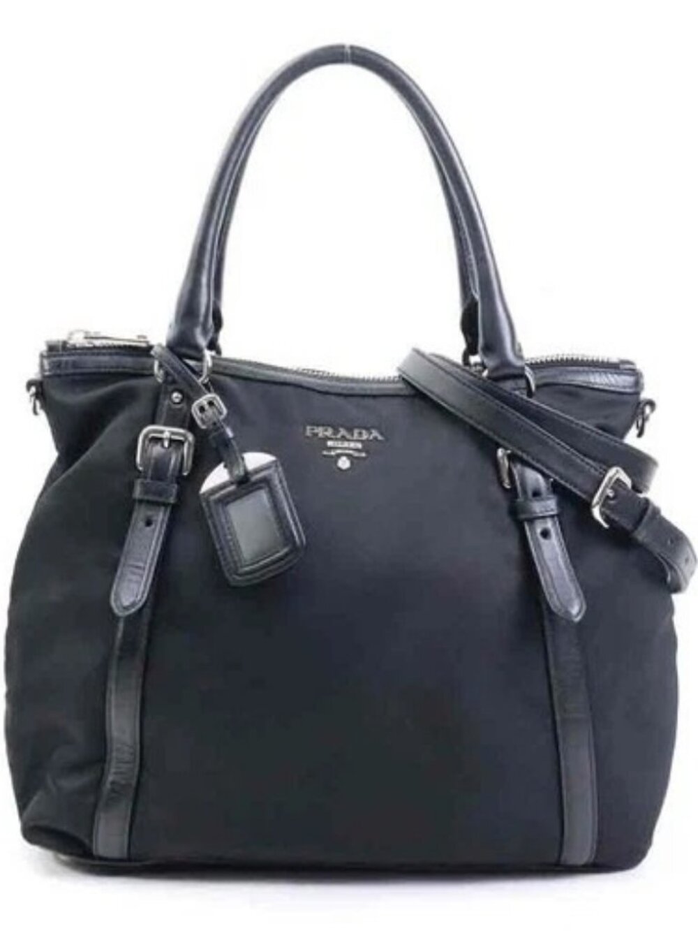 Auth PRADA Handbag Shoulder Bag Black Nylon/Leather/Silvertone - e61271k
